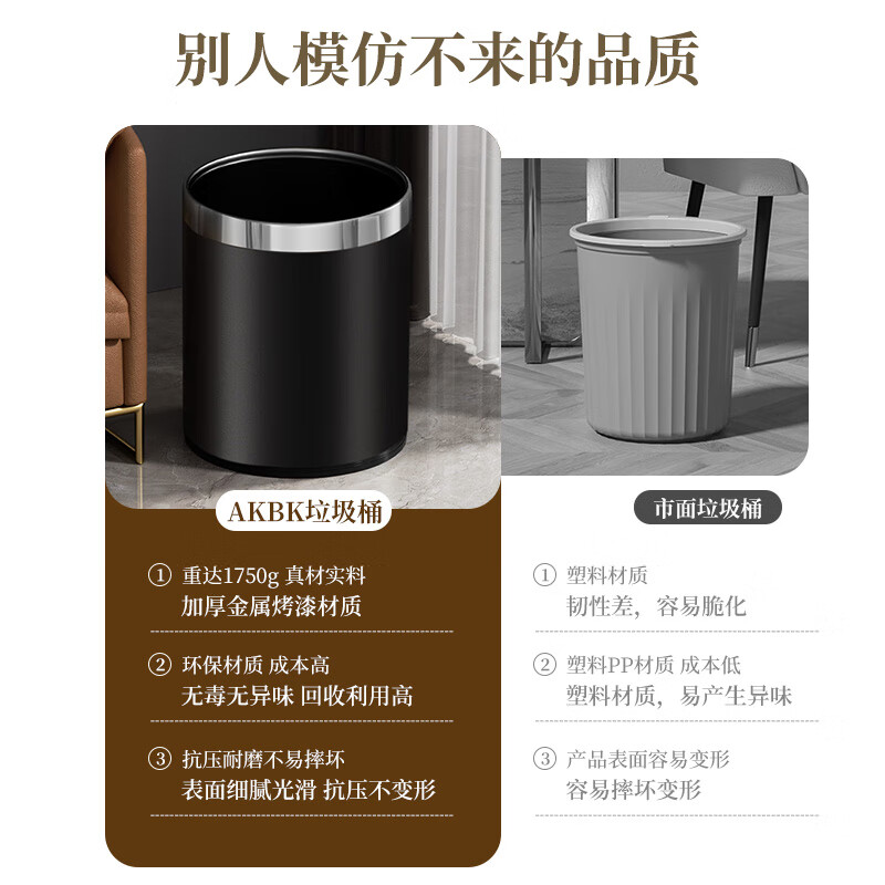 AKBK trash can 10L brown double-layer leather round large pressure ring hotel home living room kitchen bathroom commercial