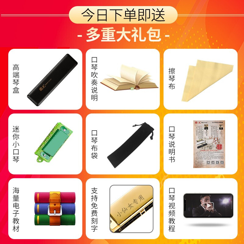 Guoguang Shanghai Guoguang harmonica 28-hole accented advanced adult professional performance level polyphonic C key beginner entry instrument 28-hole C key wide range golden polyphony + learning materials