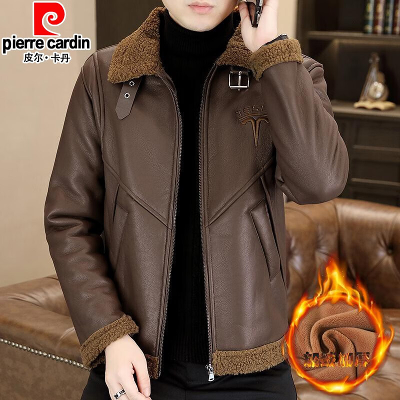 Pierre Cardin winter fleece jacket men's fur collar jacket men's short windbreaker thickened warm fur all-in-one leather jacket winter black M