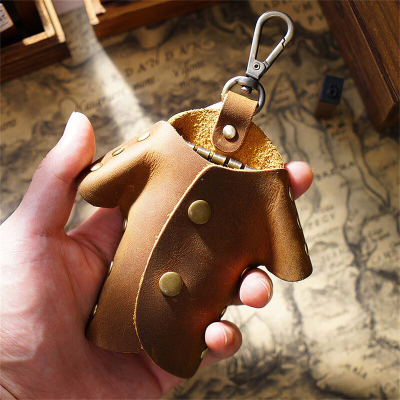 AIGUONIU Handmade Crazy Horse Leather Clothes Key Bag Simple Home Waist Hanging Cute Retro Style Genuine Leather Key Card Bag Creative Brown/brown