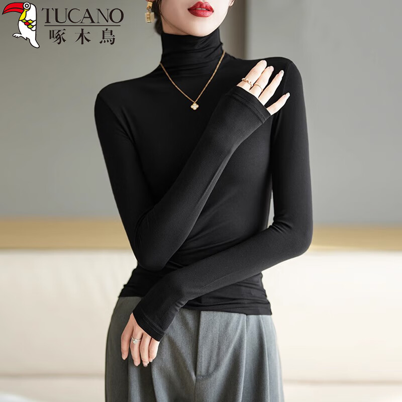 Woodpecker Modal High Collar Long Sleeve Bottoming Shirt Autumn and Winter Slim Fit Versatile Slim Top Women's T-Shirt Black XL