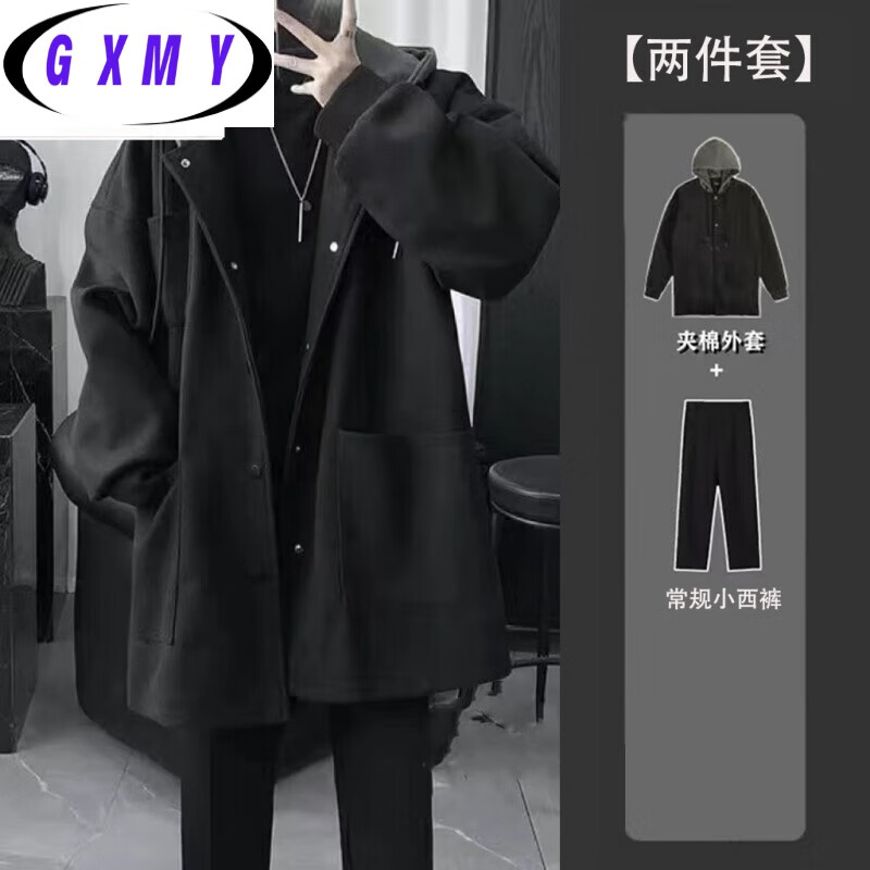 Gxmy mid-length jacket men's casual suit autumn and winter handsome clothes for teenagers men's three-piece suit black jacket single jacket XL recommended 125-140 pounds