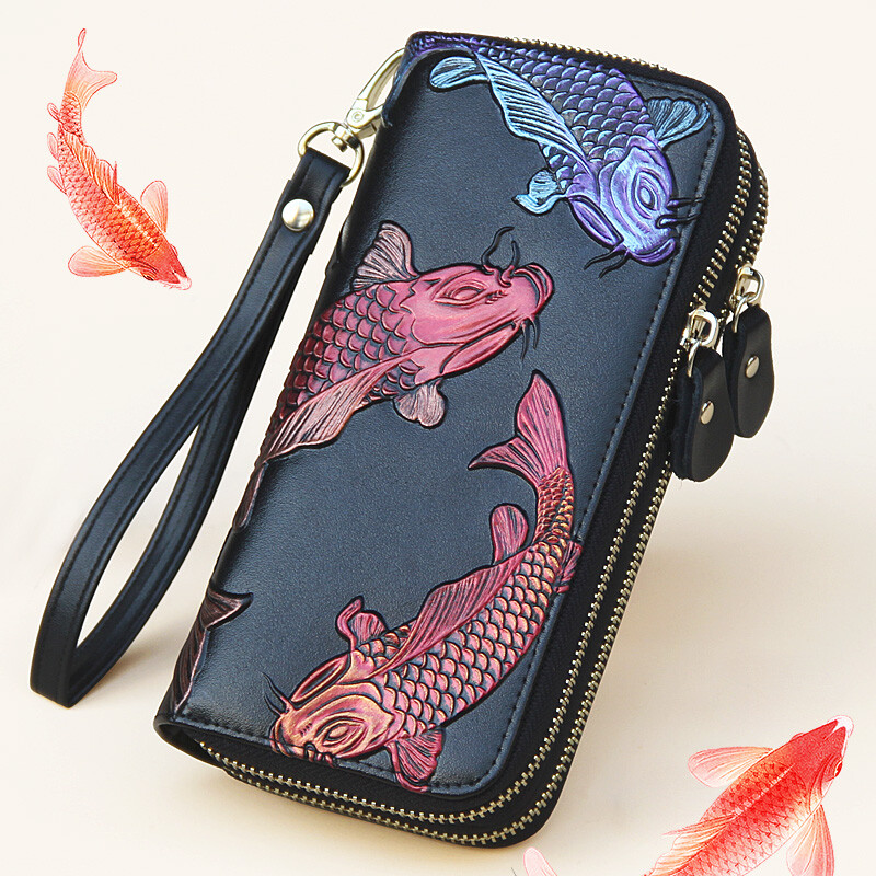 SHARELOVE cowhide lucky women's wallet long double zipper wallet genuine leather large-capacity hand mobile phone bag for the holidays to give to mom Golden Koi