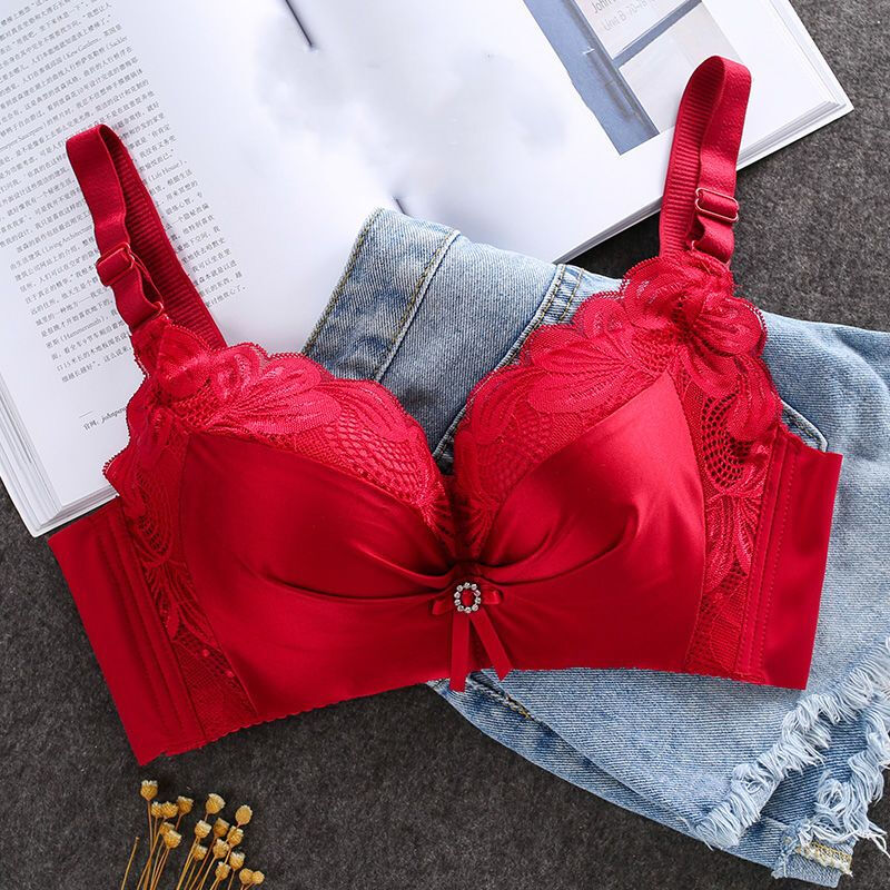 Modal Big Red Underwear Women's Zodiac Year Horse Year Small Breast Gathering Thickening Showing Big Upper Support Side Tie Wedding Bra Set Burgundy Set 80A 36/80AB Thickened 5C