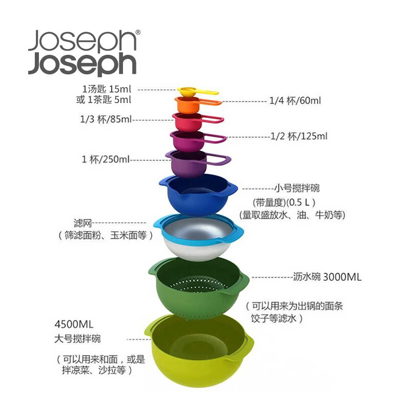 JOSEPH JOSEPH Rainbow kitchen utensils rainbow basin 9-piece set baking tools measuring spoon graduated spoon baking mixing bowl basin drain water and wash vegetables red nine-piece set 40080