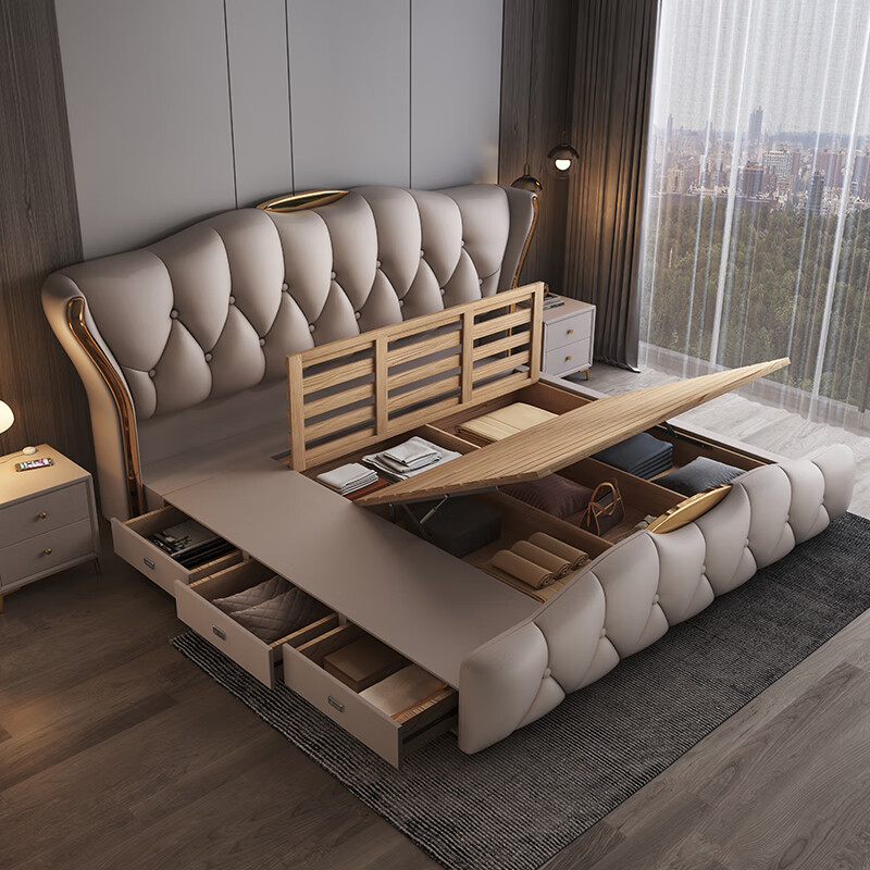 Xianli Italian-style leather bed, modern and simple 1.8m master bedroom bed, wedding bed, 2m light luxury storage double bed, air pressure soft bed, 3 drawer bed + 2 cabinets + antibacterial 9-zone latex mattress, 1.8*2m frame structure