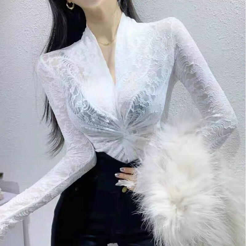 Baichao Sexy V-neck Lace Shirt Women's Long Sleeve 2020 Spring Shirt New Korean Style Slim Fit Western Style Bottoming Shirt Top Black S Recommended for a slim fit of 70-80 pounds