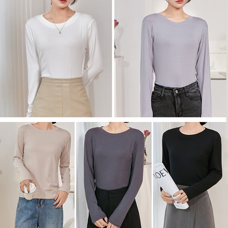 Langsha (langsha) bottoming shirt for women with spring and autumn slim round neck long-sleeved mask t-shirt for women simple tops trendy