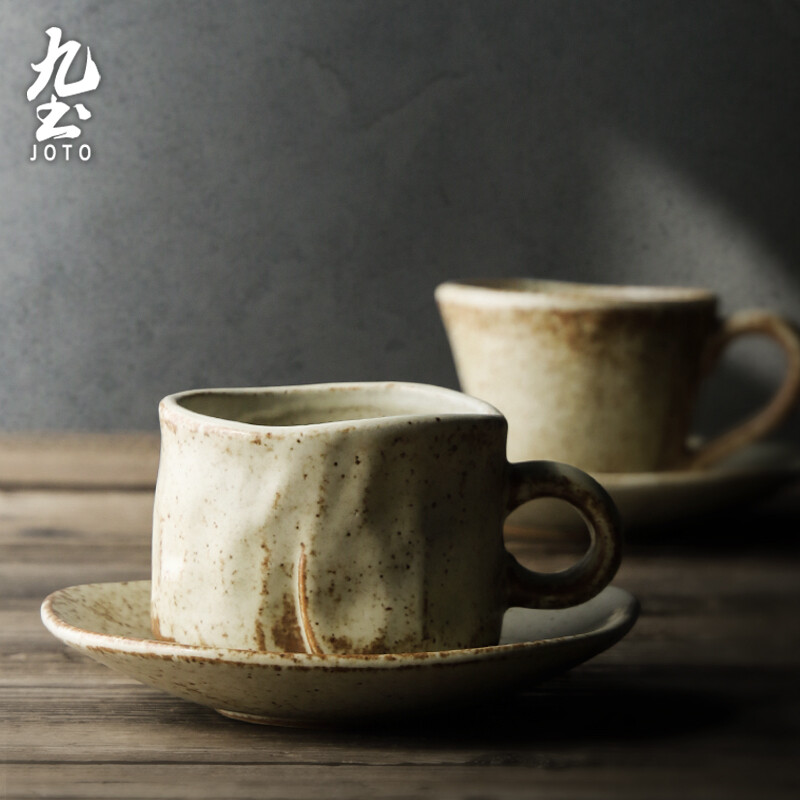 Jiutu handmade coffee cup ceramic couple cup and saucer set Japanese style coarse pottery coffee cup retro coffee set simple Italian style round ear handle