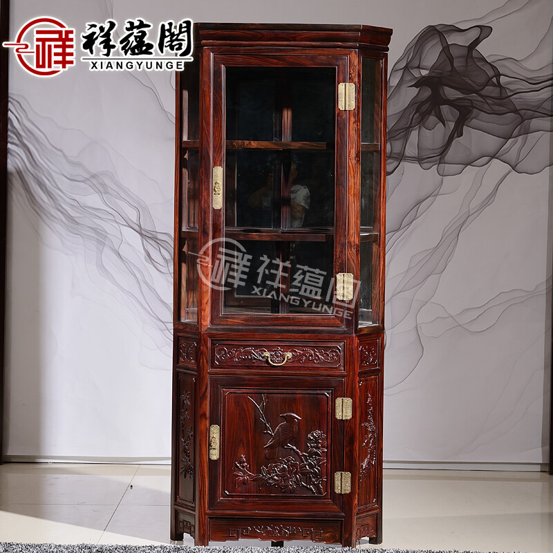 Xiangyunge mahogany furniture Indonesian black rosewood scientific name broad-leaf rosewood flower and bird carving wine cabinet Chinese multi-functional solid wood triangle cabinet storage cabinet