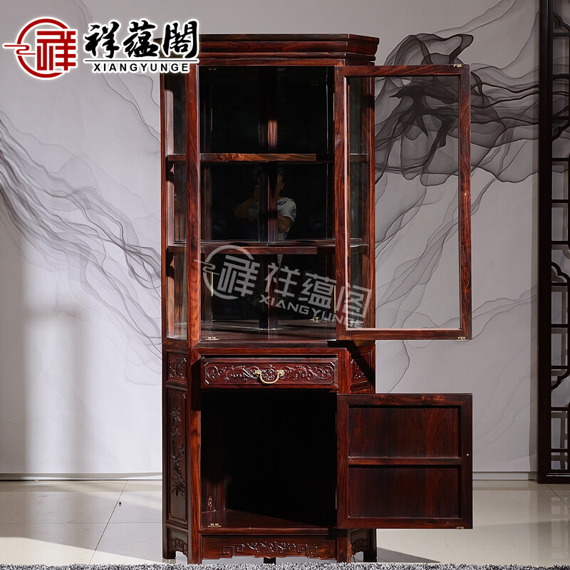 Xiangyunge mahogany furniture Indonesian black rosewood scientific name broad-leaf rosewood flower and bird carving wine cabinet Chinese multi-functional solid wood triangle cabinet storage cabinet