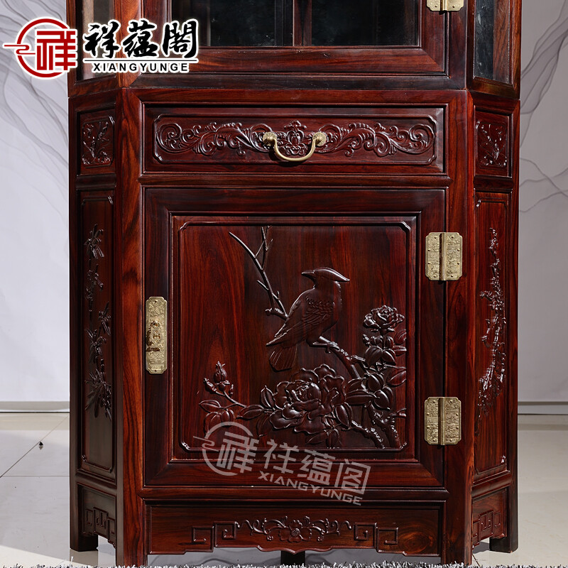 Xiangyunge mahogany furniture Indonesian black rosewood scientific name broad-leaf rosewood flower and bird carving wine cabinet Chinese multi-functional solid wood triangle cabinet storage cabinet