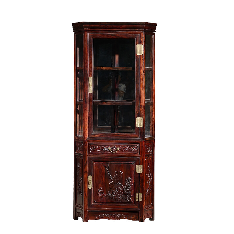 Xiangyunge mahogany furniture Indonesian black rosewood scientific name broad-leaf rosewood flower and bird carving wine cabinet Chinese multi-functional solid wood triangle cabinet storage cabinet