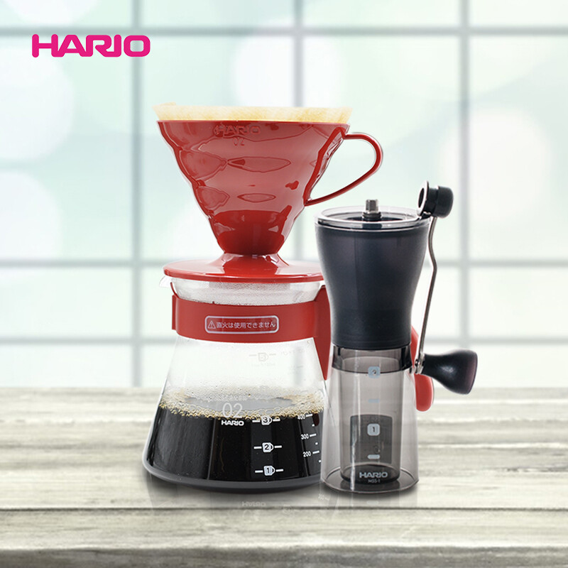 HARIO Japanese hand brewing coffee set grinder hand brewing pot set home hand grinder coffee powder grinder gray and white set 1-4 servings + red grinder