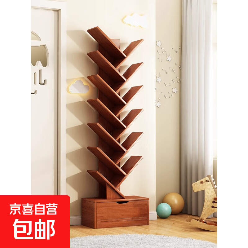 Simple tree-shaped small bookshelf storage rack floor-to-ceiling living room integrated wall cabinet home storage stand creative bookcase 14-layer pastoral oak color 34*20*158cm assembled