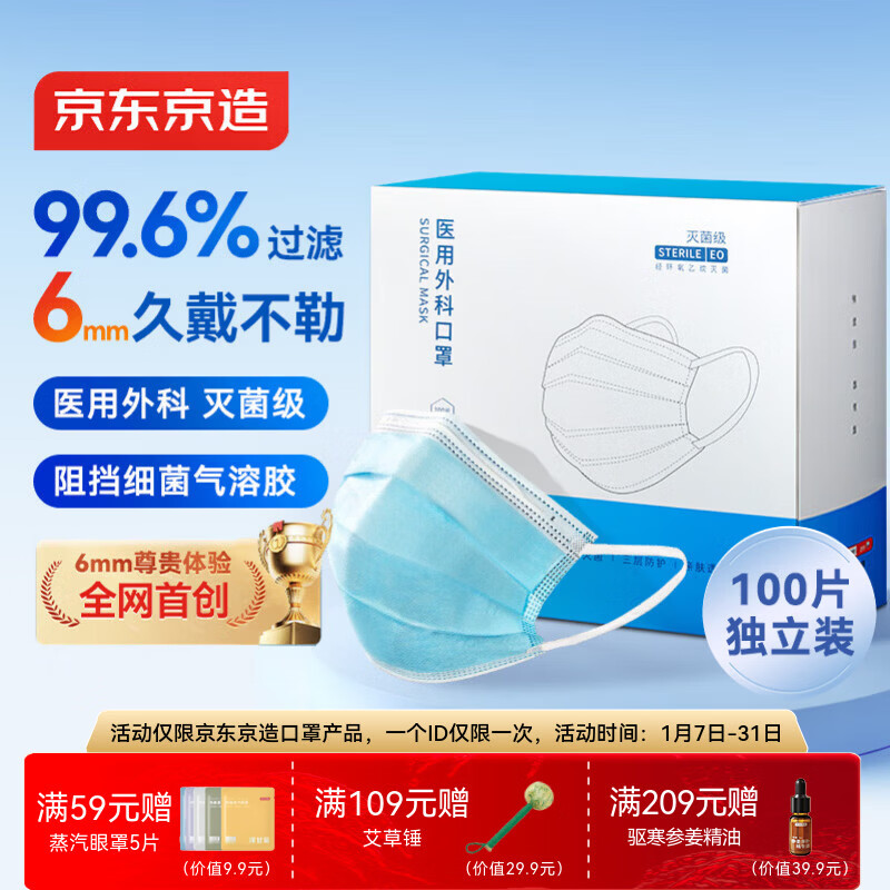 Jingdong Tokyo-made medical surgical masks disposable individually packaged sterilization grade 100 pieces blue 6mm upgraded dust-proof mask