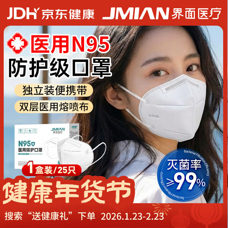 Interface medical N95 mask adult protection sterile grade dustproof and antibacterial 25 individually packaged white masks