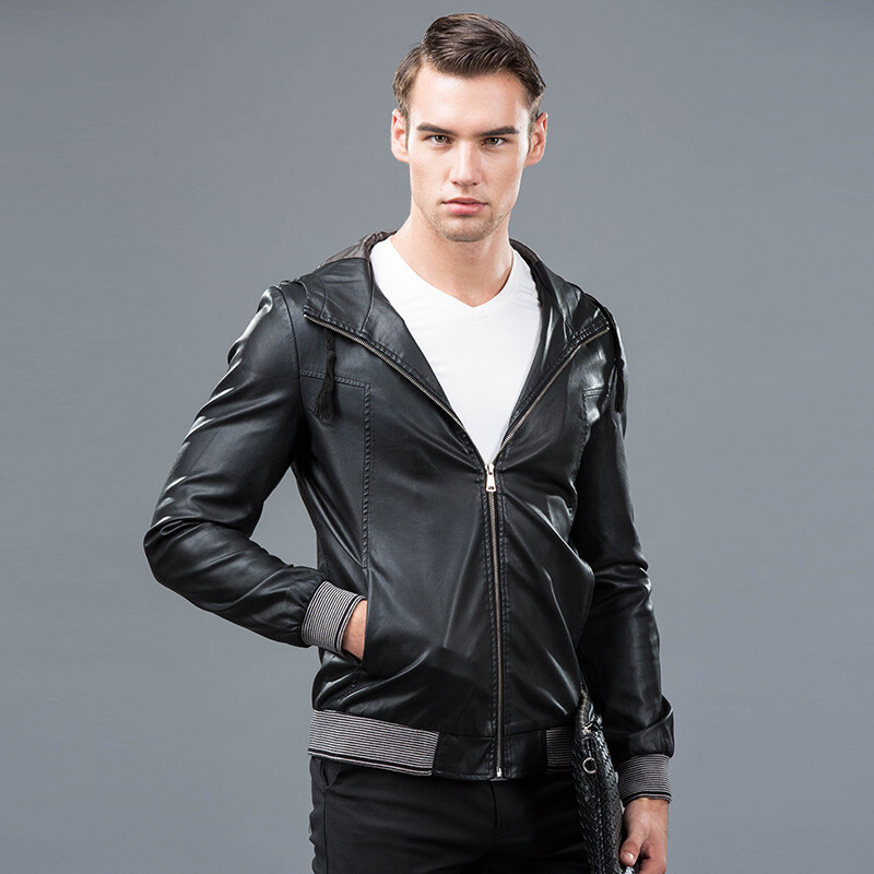 2018 Men S Thin Short Leather Faux Motorcycle Hooded 2018 Men S Thin Short Leather Faux Motorcycle Hooded Pu Jacket Slim Tide Black 9801 M