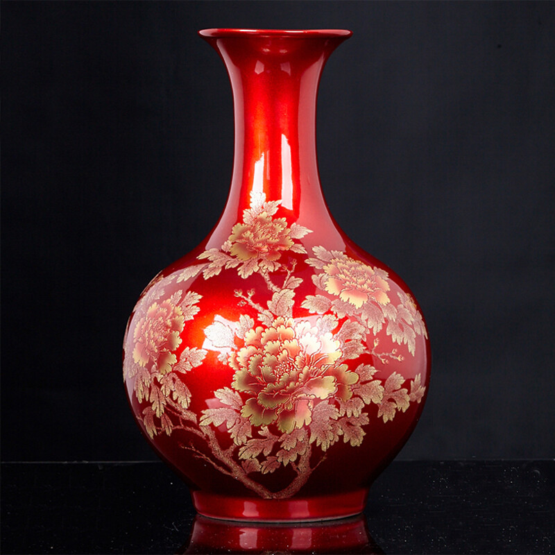 Porcelain Sheng Jingdezhen Ceramics Chinese Red Crystal Glaze Flower Blooming Rich Peony Vase Modern Home Decor Home Crafts Ornaments Appreciation Vase with Base