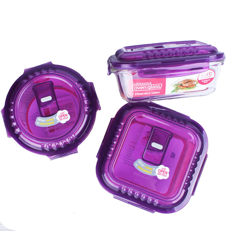 LOCK&LOCK Increased Breathable Heat-Resistant Glass Lunch Box Microwave Glass Bowl Sealed Storage Box Purple 1000ml