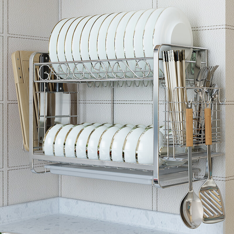 304 Stainless Steel Double Layer Bowl Rack Wall Hanging Chopsticks Storage Filter Water Li Shui Dishes Plate Kitchen Shelf