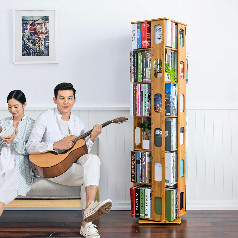 Trojan simple multi-layer rotating bookshelf household floor-standing modern storage rack storage storage rack display rack study picture book rack upgraded thickened version - six layers