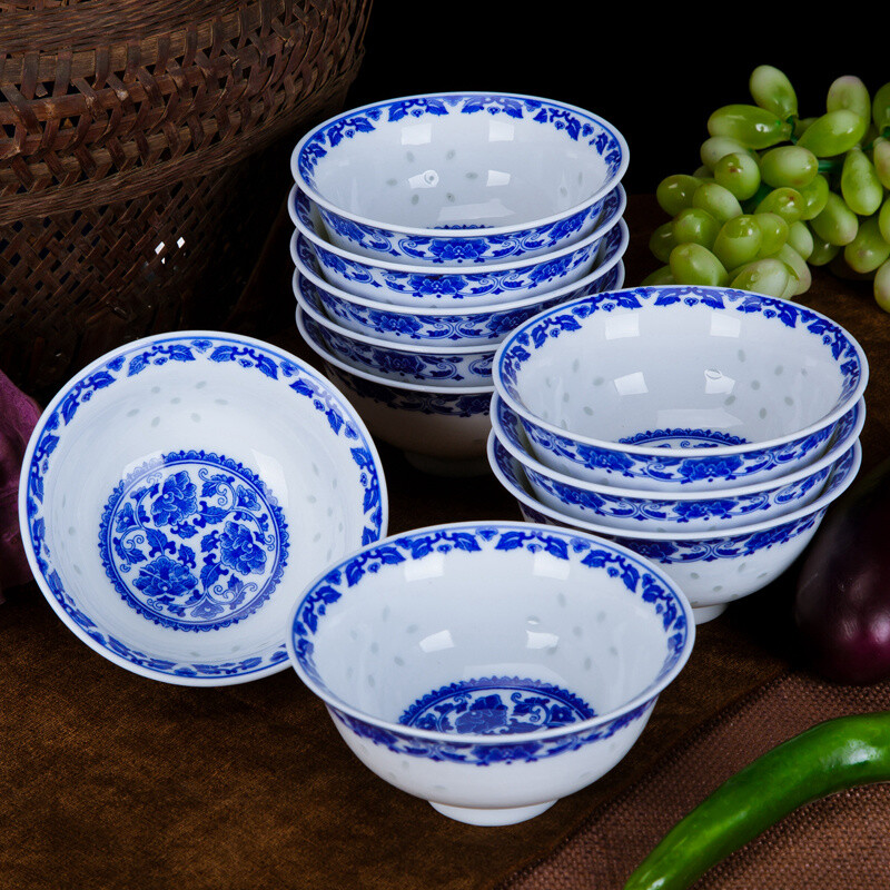 Ruichu noodle bowl, soup bowl, rice bowl, small rice bowl, Jingdezhen blue and white porcelain exquisite ceramic bowl tableware, high temperature underglaze color, peony 5 inches (1 piece)