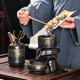 Craftsman's Lazy Tea Set Household Stone Mill Semi-automatic Tea Making Artifact Office Ceramic Anti-scalding Kung Fu Tea Set Complete Set Fragrant Automatic Tea Set + Black Square Tea Tray 10 Pieces