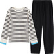 Chundu Couple Pajamas Women's Spring and Autumn Pure Cotton Striped Long Sleeve Autumn Home Clothing Men's Suit Thin Black and White Stripes/Black (Women's Style) 2XL