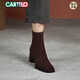 CARTELO French medium-heeled short boots for women 2025 autumn and winter new thin boots thick heel frosted genuine leather ankle boots women's boots brown single lining 37