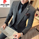 Pierre Cardin suit men's three-piece suit handsome slim suit men's business professional formal groomsmen groomsmen wedding dress meteor shower striped black three-piece suit 3XL