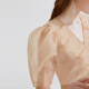 Tangli Summer Short Sleeve Ruffle Printed Mesh Short Blouse Top Women Cream Orange M