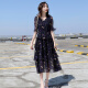 AUDDE2020 summer floral chiffon dress women's fashionable aesthetic popular temperament v-neck large size slim cake skirt BZY4 purple M