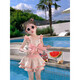 Qisiman girls swimsuit summer suit 2024 new split princess swimsuit swimsuit baby children fashionable and cute princess style (swimsuit + swimming trunk + swimming cap) 130