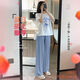 Meng Yilan (Mengyilan) Suit de maternité New Corée Hot Mom Summer Summer cette année Cover Top à la mode de cette année portant un pantalon de maternité. Top blanc bleu + pantalon de relance à jambes larges bleu [L [100-120Jin [Jin est égal à 0,5 kg]]
