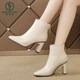 Woodpecker French short boots for women 2025 spring and autumn single boots internet celebrity thin boots thick heel high heel boots Korean version off-white Martin boots brown 38