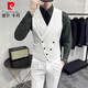 Pierre Cardin Fashion Vest Men's Suit British Slim Double Breasted Suit Vest Men's Formal Suit Collar Vest Trendy Dark Green Single Vest XL