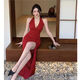 Vestido sexy LPOX con un vestido de cuello halter de hendidura para mujeres, vestido pequeño de gama alta de Xia Hepburn Slim Sexy Long Black L [105-115Jin [Jin equivale a 0.5 kg]]]