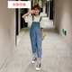 Qiahan Girls Overalls 2020 New Medium and Large Children Spring and Autumn Long Pants Korean Style Loose Spring Wide Leg Denim Children's Pants Blue 130 cm