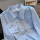 FSHE Xiaoxiangfeng blue striped long-sleeved shirt for women summer and autumn petite short chic shirt French polo collar top Main picture color M