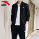 ANTA sports suit men's spring and autumn cardigan coat long-sleeved trousers two-piece loose men's jacket leggings trousers - 4 basic black [zipper pocket] L/175