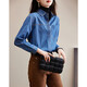 Demana (dme) 100% cotton denim bamboo shirt lapel long sleeve topstitch shirt women's top medium denim blue S