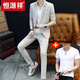 Hengyuanxiang Summer Thin Three-quarter Sleeve Suit Men's Suit Plaid Casual Korean Style Slim Fashion Trendy Handsome Mid-Sleeve Small Suit Khaki 9902 Mid-Sleeve + Nine-quarter Pants = 1 Set 175/XL