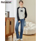 Sweat-shirt Pincai pour les manches de raglan d'automne pour femmes contrastant la couleur d'épissage de la lettre d'impression de manche ronde à manches longues P129W1396