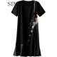 SIN.CYC Hong Kong fashion brand women's short-sleeved round neck dress loose mid-length diamond-encrusted lace splicing summer new fashion European and American style light and mature temperament skirt black 3XL