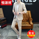 Hengyuanxiang Summer Thin Three-quarter Sleeve Suit Men's Suit Plaid Casual Korean Style Slim Fashion Trendy Handsome Mid-Sleeve Small Suit Khaki 9902 Mid-Sleeve + Nine-quarter Pants = 1 Set 175/XL
