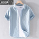 JEEP SPIRIT男士亚麻短袖衬衫麻布男装潮流休闲棉麻料衬衣夏装上衣服 浅蓝色 9711胸前有口袋 XXL