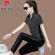 Pier Cardin ice silk sports sweatshirt suit for women in summer thin 2022 new fashion loose stand collar short sleeve trousers casual two 6625 apricot color two M (suitable for 80-92 Jin [Jin equals 0.5 kg]//+)