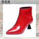 黛莲薇（DAILIANWEI）品牌真皮尖头短靴女加绒2024秋冬新款细跟漆皮裸靴高跟皮靴子女 红色单里 34 220mm