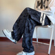 Rubink American tie-dyed casual pants for men in autumn and winter new drawstring wide-leg pants loose plus velvet straight sports pants black XL (recommended 125-135 Jin Jin equals 0.5 kg)